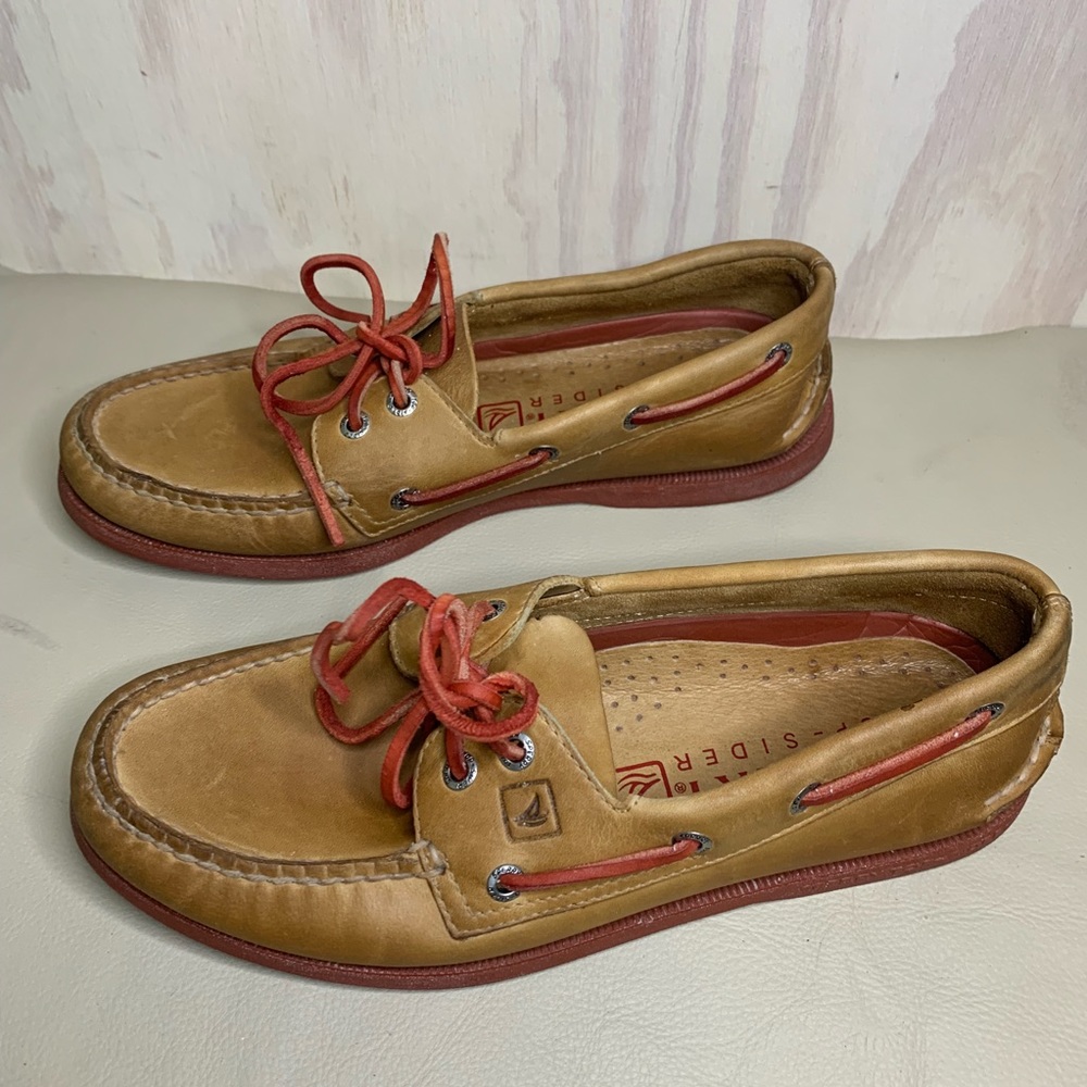 Sperry Tan and Red Leather Top-Siders